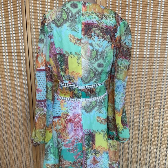 Floral & Paisley Print Guipure Lace Insert Plunging Neck Dress Medium - Picture 2 of 10